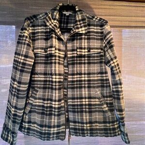 LL Bean Signature black plaid car coat, double zipper, soft flannel, like new L